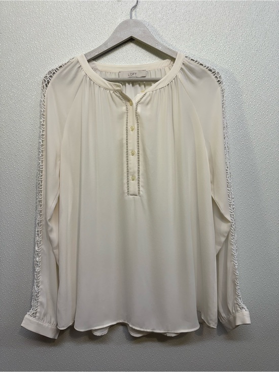 LOFT Tops - LOFT Cream Button-Front Blouse with Crochet Sleeve Detail
